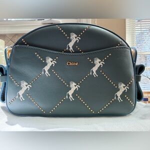 Chloe Embroidered Horse Leather Crossbody Bag Dust Blue